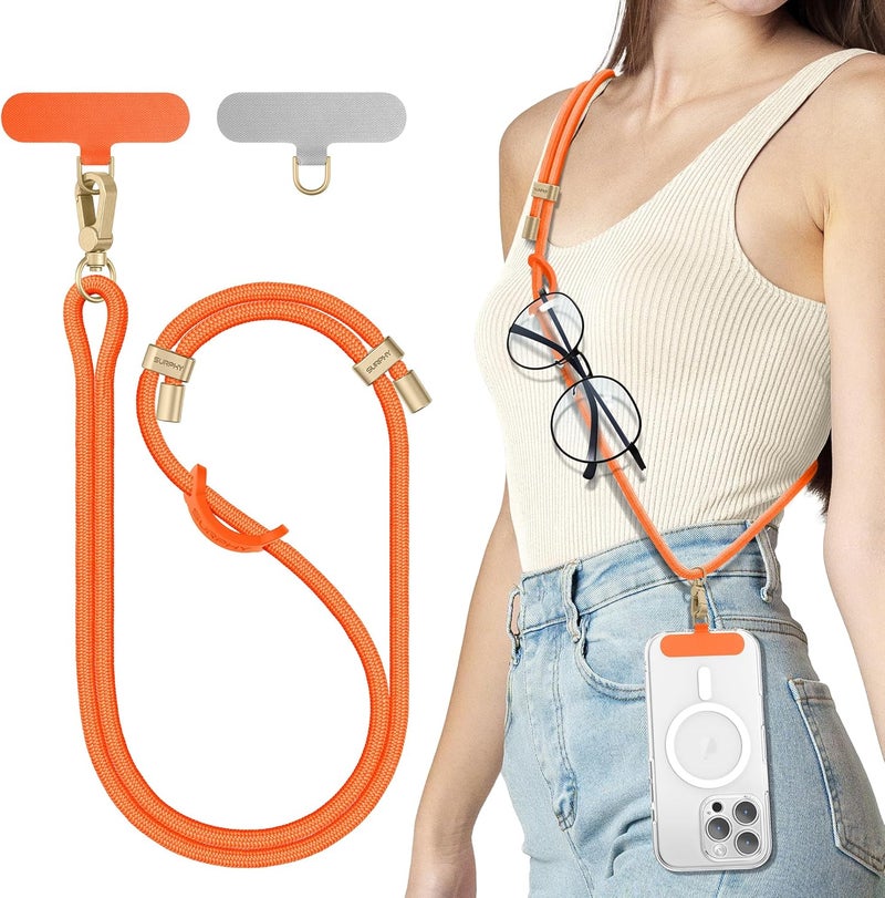 SURPHY Phone Lanyard, Adjustable Phone Strap Crossbody with 2 Pack Cell Phone Tether Tab, Premium Metal Buckles, Skin-Friendly, Universal Cell Phone Lanyard Crossbody for Women and Men, Orange - Image 1